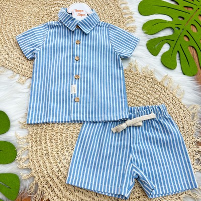 Conj Camisa de Botão e Short em Linho listrado Azul